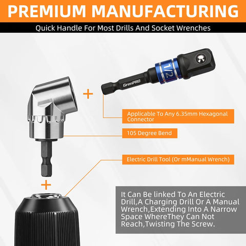 Flexible Drill Bit Extension Set 4 Piece With 1/4 Inch 3/8 Inch 1/2 Inch Hex Shank Adapters And 105 Degree Right Angle Attachment For Impact Drivers At Home Shop And Industrial Jobs, showing a 105-degree angle adapter next to a socket adapter.