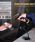 2D Barcode Scanner With Smart Stand USB Wired Handheld Imager scanning QR code on phone with omnidirectional fast scan capability