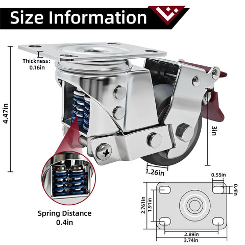 3 Inch Heavy Duty Dual Spring Shock Absorption Caster Wheels Set Of 4 close-up with measurements and details, showing spring mechanism and dimensions.