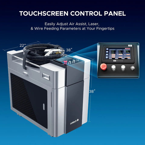 Pro Grade 1500W Handheld Fiber Laser Welder with touchscreen control, showing size dimensions and built-in water chiller