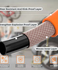Close-up of a Hybrid Air Hose Three Eighths Inch By Six Ft Lightweight With One Quarter Inch MNPT Fittings, showing layers and features.