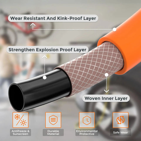 Built Tough Heavy Duty Hybrid Air Compressor Lead In Hose 3 Eighth Inch By 6 Feet Featuring 1 Fourth Mnpt Threads showing wear-resistant and explosion-proof features.
