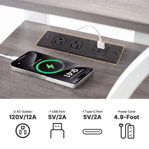 Two Piece End Table With Built In Charging Station For Your Couch And Bedside Modern Curved Nightstand Set Of Two Two AC Outlets USB Port Type C Port About Five Foot Power Cord Three Tier Open Storage. close-up of charging panel and phone