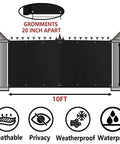 Diagram of 4x10 Black Balcony Privacy Screen Fence Cover With UV Protection Weatherproof Waterproof Shade Cloth and installation icons.