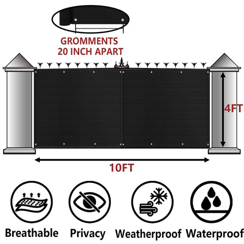 Diagram of 4x10 Black Balcony Privacy Screen Fence Cover With UV Protection Weatherproof Waterproof Shade Cloth and installation icons.