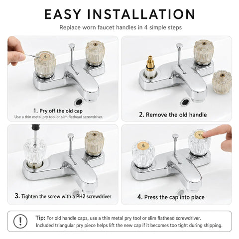 Upgrade Your Bath With This 2 Pack Clear Acrylic Faucet Knob Replacement Kit That Slaps Perfectly On Delta Delex Peerless And Ldr Two Handle Tub Or Sink Fixtures Featuring Screws And A Pry Tool For Easy Swapping. 4-step clear acrylic faucet knob install guide for two-handle tub sink fixture