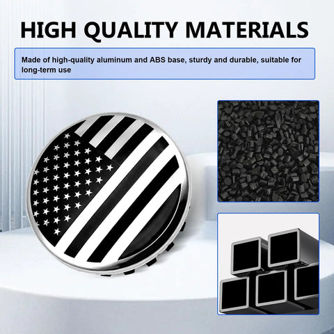 Four Piece Usa Flag Wheel Center Cap Covers Fresh Ride Upgrade Rim Hub Caps Three Point Two Seven Inches 83Mm Solid Alloy ABS build with black finish.