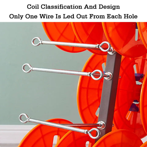 Coil design on multi spool cable dispenser cart on wheels for easy wire dispensing in factories