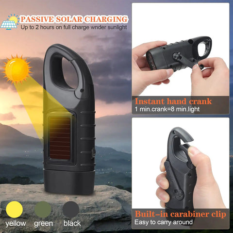 Six Pack Hand Crank Solar Powered Led Flashlights For Emergency Use, showing solar panel and hand crank features