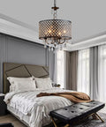 Antique Black Hanging Pendant Light With Crystal Drum Shade, Four Light Farmhouse Chandelier For Bedroom, UL Listed, Modern Vintage Glow