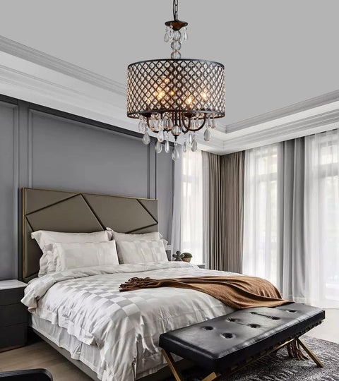 Antique Black Hanging Pendant Light With Crystal Drum Shade, Four Light Farmhouse Chandelier For Bedroom, UL Listed, Modern Vintage Glow