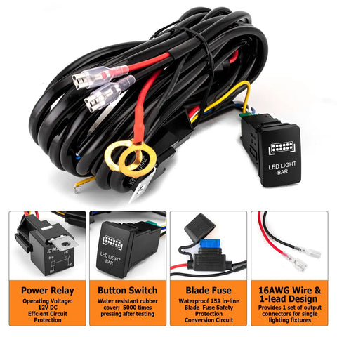 Toyota LED Wiring Harness Kit With LED Light Bar Push Button Switch For Tacoma 2012 2024 showing wiring and switch details