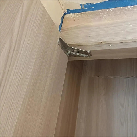 90 Degree Lift Up Cabinet Hinges Set 1 Pair With Soft Close Damping System installed in wooden cabinet corner