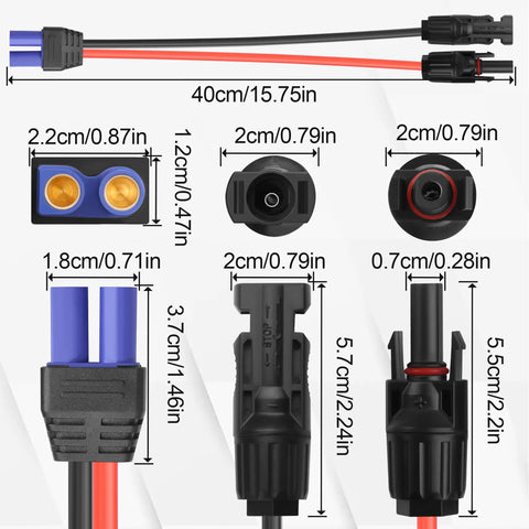 Hot Solar Connector To EC5 Adapter Cable With Heavy Duty 10 AWG Copper Wiring, 400mm length, connectors and measurements displayed.