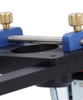 Close-up of Dead On Accuracy Drawer Punch Locator And Drilling Positioner showing solid aluminum alloy frame and adjustment knobs.