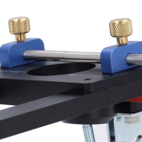 Close-up of Dead On Accuracy Drawer Punch Locator And Drilling Positioner showing solid aluminum alloy frame and adjustment knobs.