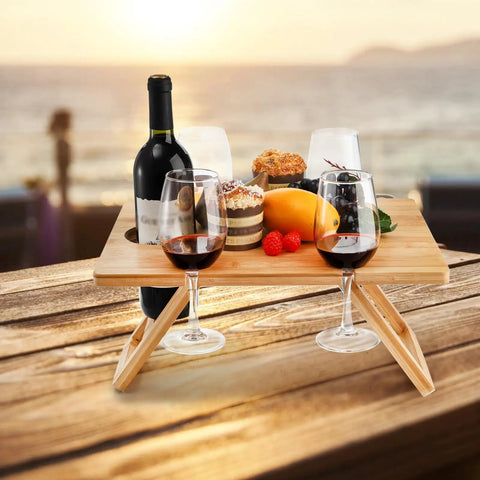 Portable Wine Picnic Table With Five Glass Holders Foldable Snack Tray For Cheese And Charcuterie Ideal For Beach Park Camping