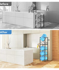 Before and after view of kitchen with 2 In 1 Five Gallon Water Jug Holder With Five Tier Stand And One Dispenser Valve Go To Tabletop Space Saving Water Bottle Storage Rack Organizer For Kitchen Office And Garage, showing organized storage.