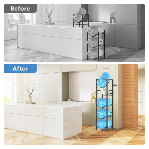 Before and after view of kitchen with 2 In 1 Five Gallon Water Jug Holder With Five Tier Stand And One Dispenser Valve Go To Tabletop Space Saving Water Bottle Storage Rack Organizer For Kitchen Office And Garage, showing organized storage.