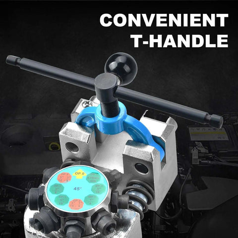 Pro Grade Brake Line Flaring Tool Kit with convenient T-handle and calibration disc, suitable for 3/16 to 3/8 inch tubing.