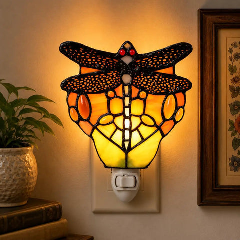 Tiffany Style Stained Glass Dragonfly Wall Lamp With Plug In Night Light Socket E12 LED Bulb Included 5 Inch Wide By 6 Inch High