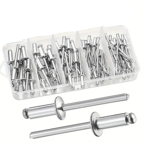 Aluminum Blind Rivets Assortment Kit Five Size Set With 70 Pieces For Metal Furniture And Automotive Projects in a clear case
