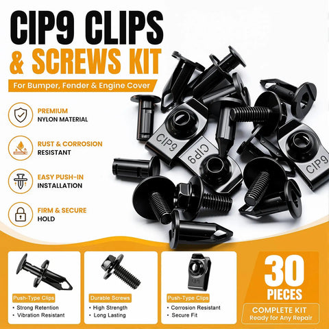 30 Pcs Universal Fender Liner Screw Kit Featuring Hella Tough M6 U Nut Clips And Hex Head Push Retainer Fasteners For Auto Wheel Well Splash Shields Drop In Ready Solid Build in black nylon.