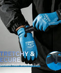 Person wearing All-Weather 100% Waterproof Winter Gloves For Men And Women XXL With Double-Layer Latex showing hook-and-loop cuff