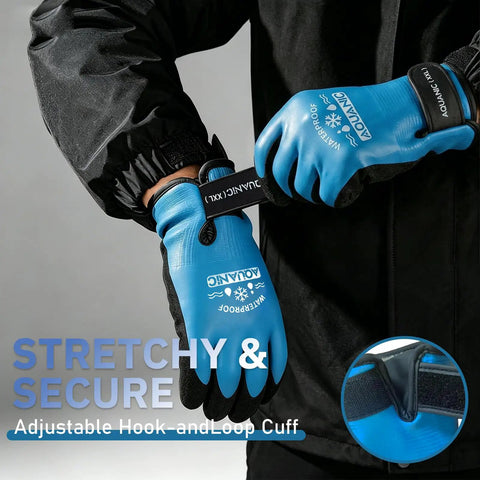 Person wearing All-Weather 100% Waterproof Winter Gloves For Men And Women XXL With Double-Layer Latex showing hook-and-loop cuff