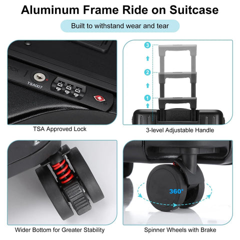 20-inch kids' ride-on luggage with aluminum frame, black, 3-level adjustable handle, 360° spinner wheels, TSA lock