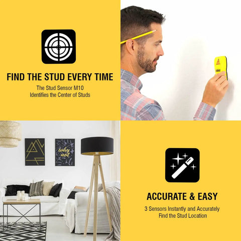 Man using Top Notch Stud Finder for Drywall with 3 Patented Sensors in a modern living room, highlighting precise center detections.