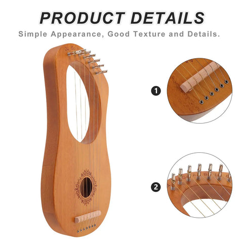 Portable 7-String Lyre Harp Kit for adults with wooden body and metal strings, close-up details of tuning pegs and bridge.