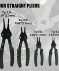 Heavy Duty Snap Ring Pliers Set Pro Grade With 10 Piece Internal And External Circlip Pliers Including Bent And Straight Tips Plus Hook And Pick Storage Case And Gloves For Easy Ring Removal, featuring four straight pliers with varying tip sizes.