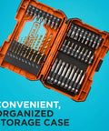 46-piece drill and screwdriver bit set in orange storage case, front-open view