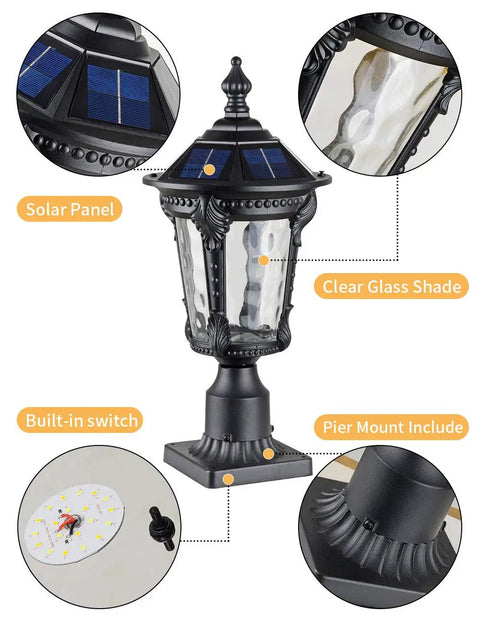 Solar Outdoor Post Light With Two Modes Aluminum Exterior Lantern Waterproof LED Post Lamps Warm and Cool White Lighting Dusk to Dawn Sensor 3 Inch Pier Mount Adapter All Night Pathway Yard Lighting with clear glass shade and solar panel close-ups.