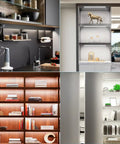 Four Pack Cold White LED Shelf Lights With Memory Function illuminating various shelves and cabinets, showcasing items elegantly.