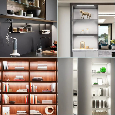 Four Pack Cold White LED Shelf Lights With Memory Function illuminating various shelves and cabinets, showcasing items elegantly.