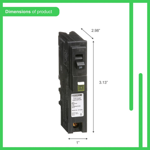 Homeline 20 Amp 1 Pole CAFCI Plug On Neutral Circuit Breaker For 120V Homes With dimensions showing height, width, and depth.