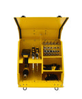 Badass Heavy Duty Steel Portable Toolbox Bright Yellow Compact 15x10 Job Site Rugged Case open showing organized sockets and drills.