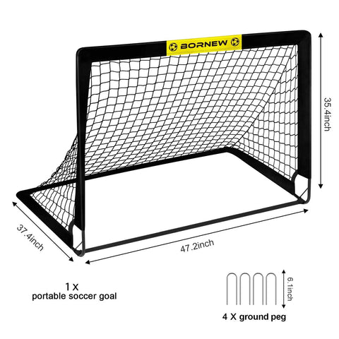 Portable 4x3 Ft Pop Up Soccer Goal For Backyard And Indoor Use with dimensions and included ground stakes shown