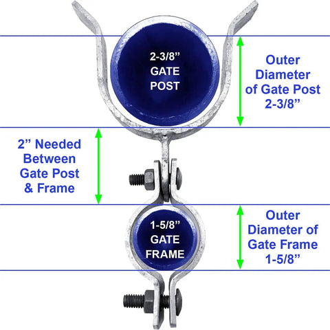 Durable Galvanized Chain Link Gate Latch 1-5/8 By 2-3/8 Inch, Tough As Nails Fence Gate Latch With Padlock Hole, Rust-Resistant Outdoor Gate Hardware Built To Last For Years, Easy Install And Smooth Operation showing dimensions for gate post and frame.