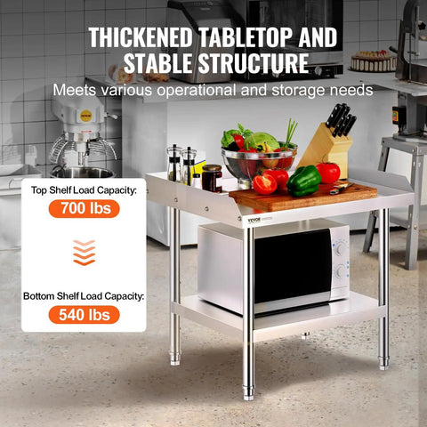 Stainless Steel Grill Stand Table 24 By 28 By 26 Inches With Adjustable Undershelf Built Tough For Home Kitchen Restaurant And Hotel Use Commercial Grade Work Table, showing a microwave and cutting board with vegetables.
