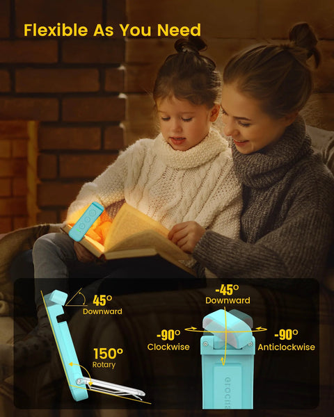Glocusent blue USB-rechargeable clip-on book light; amber color modes and adjustable brightness for reading in bed.