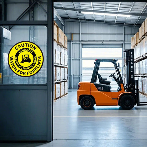 Forklift Traffic Warning Sign Set 5 Pack Bilingual Look Out For Lift Trucks Floor Stickers 17 By 17 Inches in a warehouse.