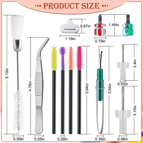 Complete 14 Piece Sewing Machine Cleaning Kit with tweezers, brushes, screwdrivers, and seam rippers, shown with measurements.