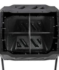 Open view of Outdoor Tumbling Composter 43 Gallon Dual Chamber With Two Sliding Doors Heavy Duty Compost Tumbler, black.