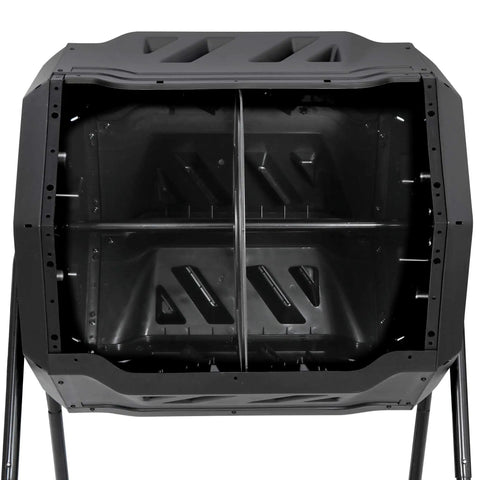 Open view of Outdoor Tumbling Composter 43 Gallon Dual Chamber With Two Sliding Doors Heavy Duty Compost Tumbler, black.