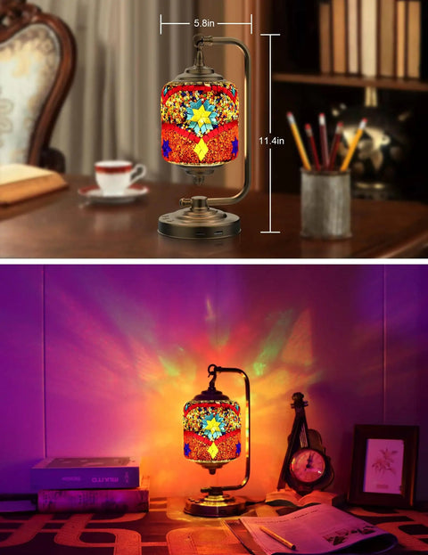 Turkish Mosaic Table Lamp With 7 Color LED, 360 Rotating Moroccan Glass Light on desk and nightstand, red accent glow