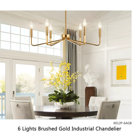 Six Light Modern Brushed Brass Chandelier 26 Inch Hanging Ceiling Light Fixture For Living Room Dining Room And Kitchen Island Industrial Candle Style Dope Tubular Design in a dining area.