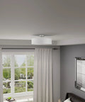 Meridian Collection 4 Light Semi Flush Mount Ceiling Fixture With Off White Fabric Hardback Drum Shade And Brushed Nickel Finish
